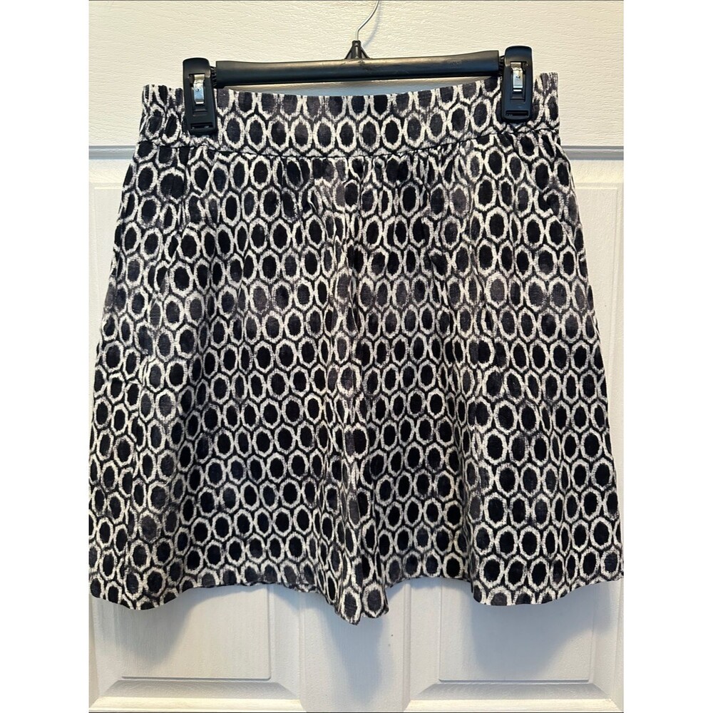 LOFT Linen Blend Navy & White Geometric Circle A-Line Skirt Elastic Waist Small